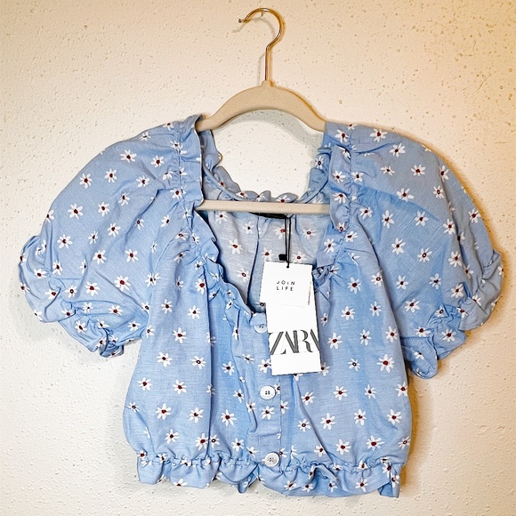 Zara Summer Linen Blend Blue Floral Cropped Blouse - Picture 2 of 9
